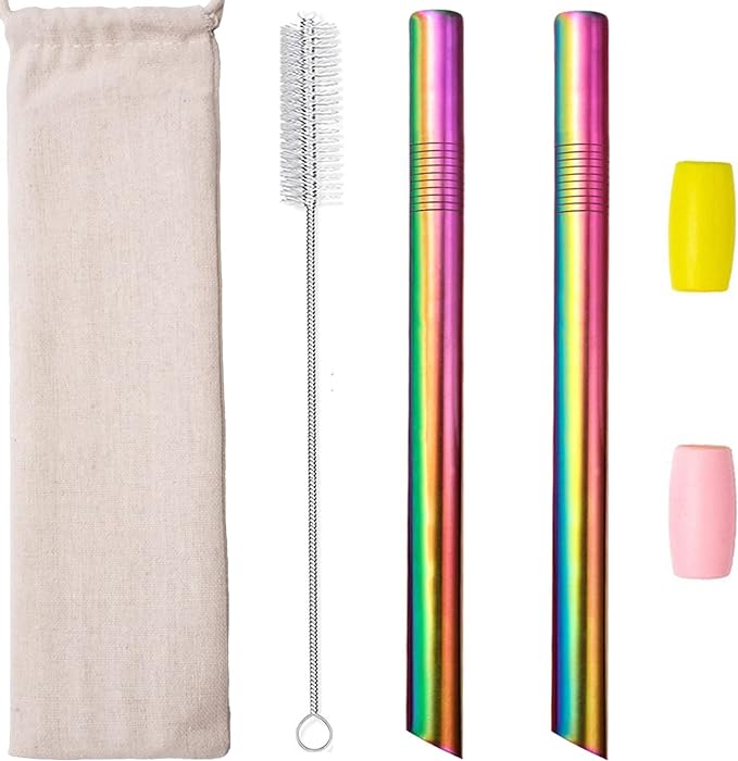 Reusable Boba Straws Smoothie Straws Metal Stainless Steel Straws Angled Tips Fat 0.5" Wide for Jumbo Bubble Tea Milkshakes Milk Tea Tapioca Pearl With Silicone Tips Carry Bag Cleaning Brush 2 Pcs 10"