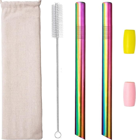 Reusable Boba Straws Smoothie Straws Metal Stainless Steel Straws Angled Tips Fat 0.5" Wide for Jumbo Bubble Tea Milkshakes Milk Tea Tapioca Pearl With Silicone Tips Carry Bag Cleaning Brush 2 Pcs 10"