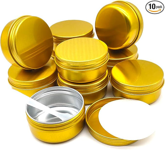 10pack 50ml Aluminum Tin, 50 Gram Gold Container Leak Proof Cosmetic Jars, 50g Small Makeup Containers Round Screw Lids for Cosmetic, Salves, Lip Balms, Toner, Cream, Candle, Tea, Beads, Wax
