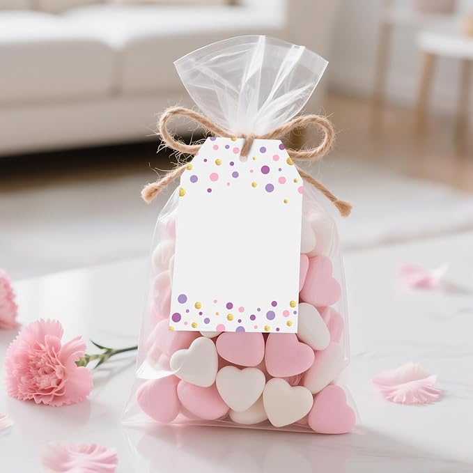 Anwyll Gift Tags with String - 100Pcs Purple Gold Confetti Polka Dot Gift Bag Tags Personalized White Blank Hanging Paper Label Tag for Birthday Party Bridal Shower Wedding Mothers Day Favors Present