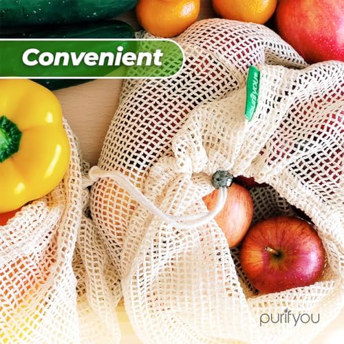 purifyou Set of 9 Reusable Organic Cotton Produce Bags – Heavy Duty Double-Stitched Mesh, Unbleached, Drawstring Closure – 2 XL (12x20), 5 L (12x14), 2 S (12x8) - Image 4