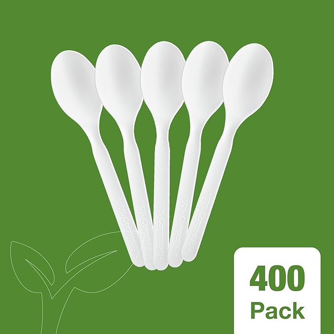 100% Compostable PLA Spoons Bulk Pack 400 Pcs Biodegradable Disposable Plastic Cutlery Utensils