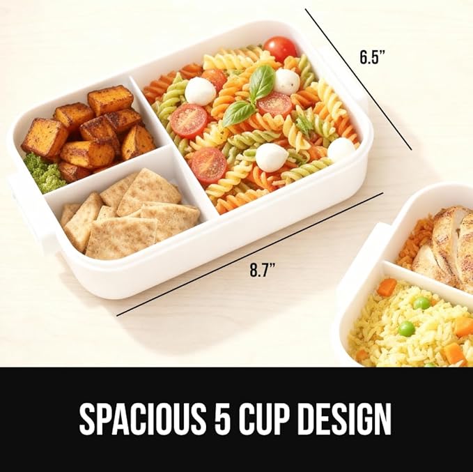 GORILLA GRIP BPA-Free Leakproof 3-Compartment Bento Lunch Box for Adults, Kids, Microwave Safe Hot and Cold Food Containers, Easy to Carry Lid Includes Built-In Utensils Set, Holds 5 Cups, White