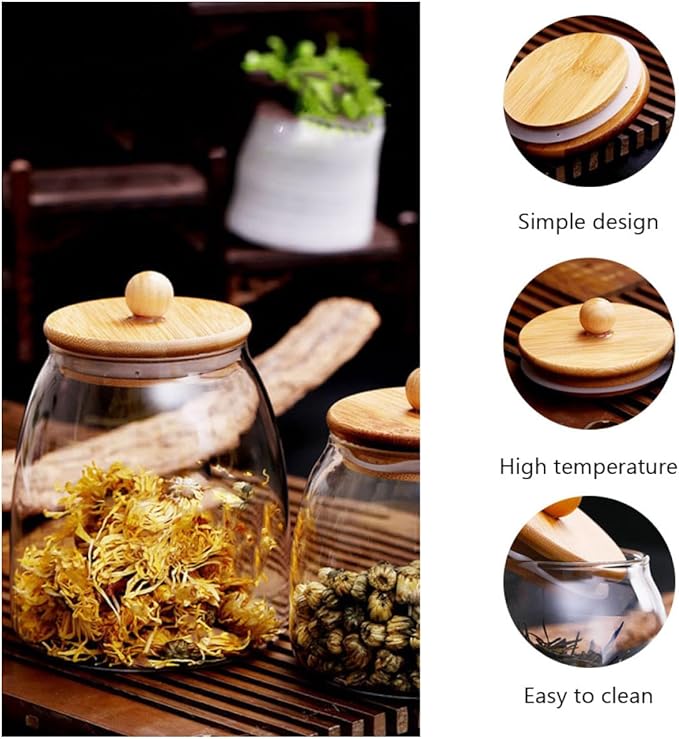 NUOBESTY 3 Pcs Transparent Storage Jars with Wooden Lids Airtight Sealed Canisters for Cereal Tea Dried Fruits Kitchen Pantry Organization