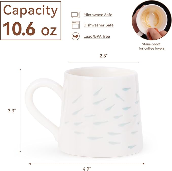 10.6oz Premium Jadeite Ceramic Coffee Mug, Handcrafted Fish Pattern Cute Ceramic Mug - 1340℃ High-Fire Lead-Free Mug for Morning Coffee/Afternoon Tea, Unique Gift | Microwave & Dishwasher Safe