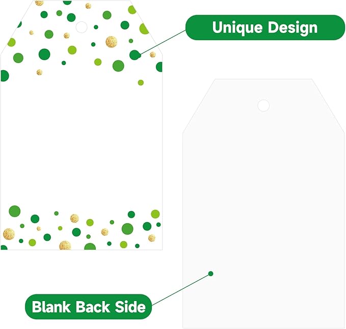 Anwyll Gift Tags with String - 100Pcs Green Gold Confetti Polka Dot Gift Bag Tags Personalized White Blank Hang Paper Label Tag for Birthday Party Bridal Shower Wedding St. Patrick's Day Favor Present
