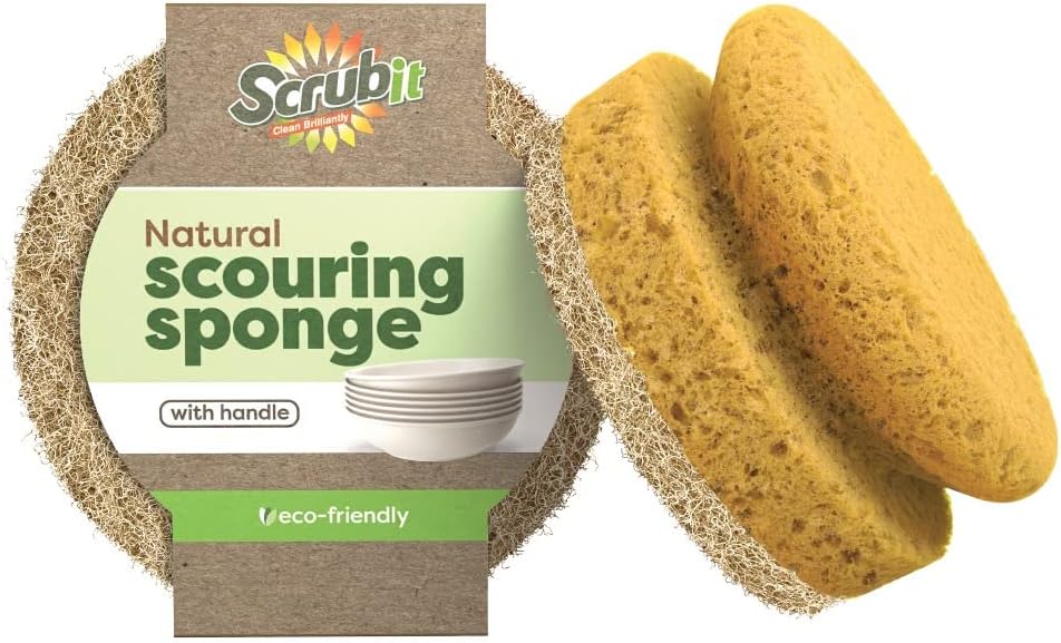 SCRUBIT Natural Scouring Pads, Eco Friendly Scrubbing Sponges for Kitchen Cleaning and Dishes, Non-Scratch Dish Scrubber with Easy-Grip Sponge Handle - Biodegradable - 2 Pack by SCRUBIT