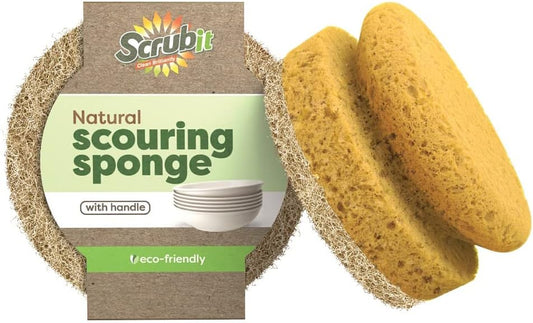 SCRUBIT Natural Scouring Pads, Eco Friendly Scrubbing Sponges for Kitchen Cleaning and Dishes, Non-Scratch Dish Scrubber with Easy-Grip Sponge Handle - Biodegradable - 2 Pack by SCRUBIT