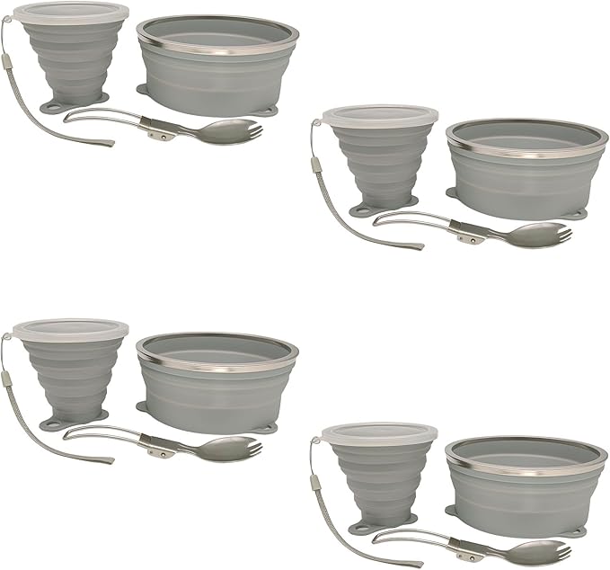 Mess Kit for Camping Silicone Collapsible Bowl Collapsible Cup and Stainless Steel Spoon for Backpacking Outdoor Hiking Traveling and Picnic - 4 Pack