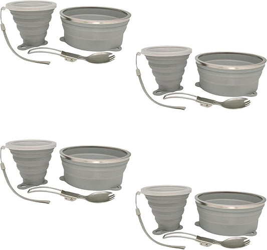 Mess Kit for Camping Silicone Collapsible Bowl Collapsible Cup and Stainless Steel Spoon for Backpacking Outdoor Hiking Traveling and Picnic - 4 Pack