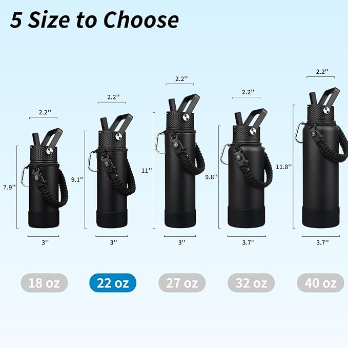 BJPKPK Insulated Water Bottle with Straw Lid, 22oz Thermal Flasks Water Bottles with 3 Lids, Paracord Handle & Non-slip Boot, BPA Free Leak Proof Stainless Steel Tumblers, Cups,Black