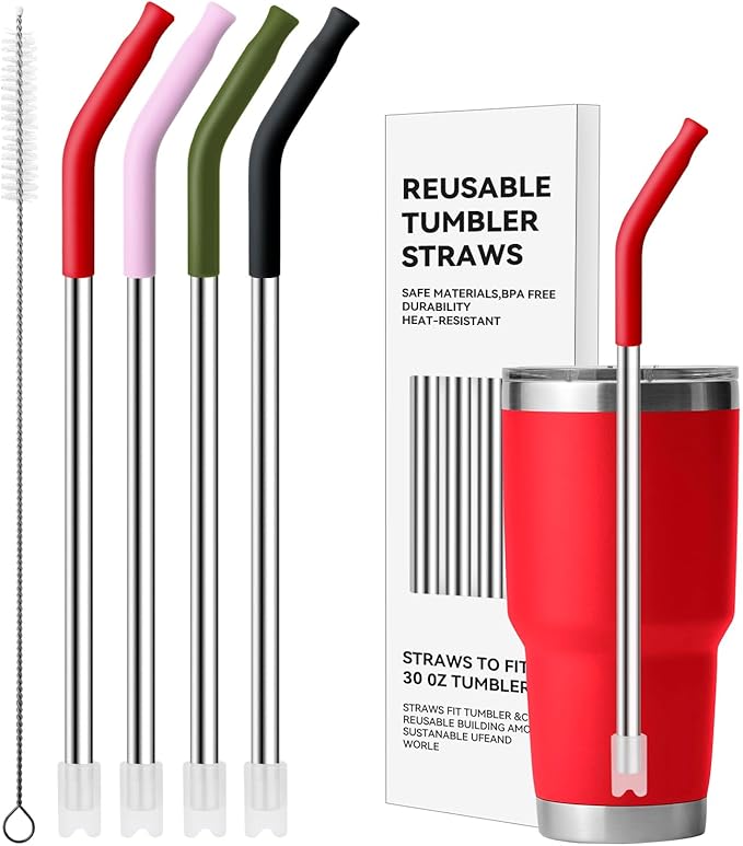 Stainless Steel Straws for 30 oz YETI Tumbler, 4 Pcs Metal Straws Reusable with Silicone Tip for 30 oz 35 oz YETI Cup(Color 3)