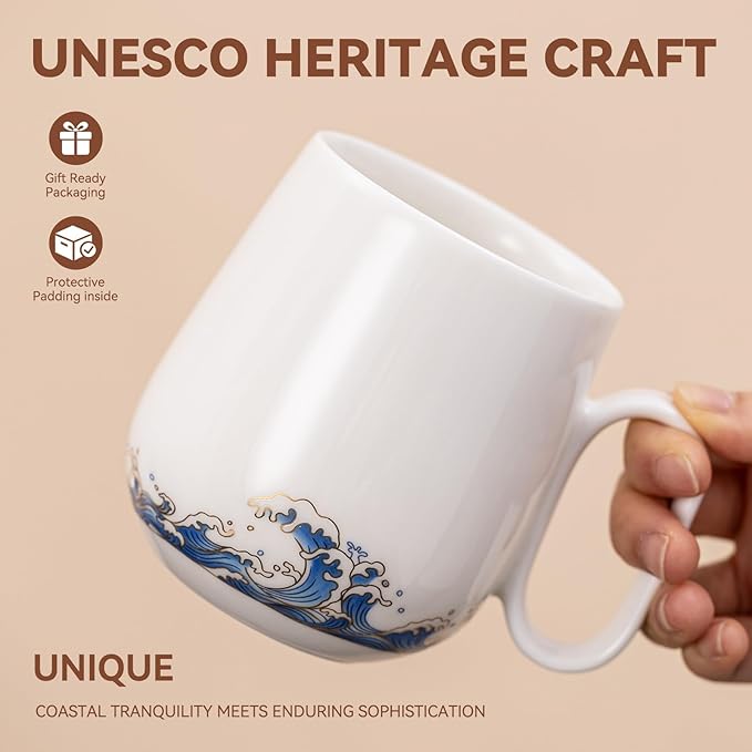 14.6oz Jadeite Ceramic Coffee Mug with Wave Design, 1340℃ High-Fire Unique Mug - Lead-Free, Microwave Safe, Gift for Coffee/Tea Lovers (Symbol of Freedom & Courage)