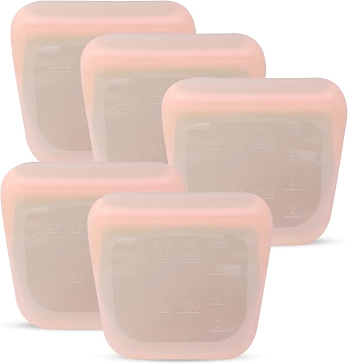 purifyou Set of 5 Reusable Silicone Storage Snack Bags 6oz / 16oz / 32oz / 64oz Self-Seal Food Storage Container for Fruits, Vegetables, Sandwiches, Dishwasher Safe & Leak-free (CloudPink, 6oz)