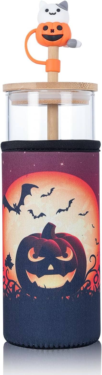 Aanyinuo-16.6 oz (approx. 491 ml) glass cup with bamboo straw and bamboo cup lid - coffee cup with neoprene protective layer - cold drink cup - BPA free - pumpkin pattern