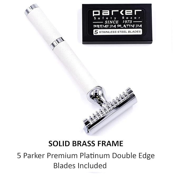 Parker Open Comb Double Edge Safety Razor – Heavyweight Chrome Handle for Closer Shaves – Includes 5 Razor Blades – Ideal for Men or Woman (Bright White)