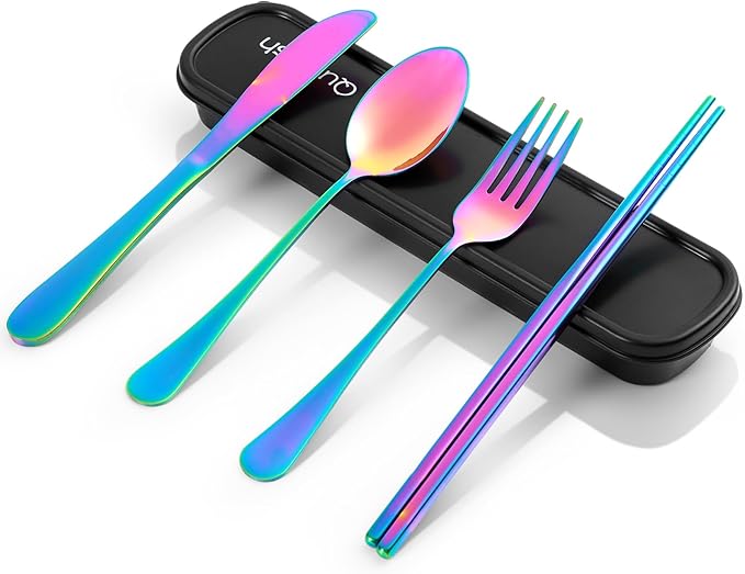 Travel Utensils with Case, Quatish 5 Piece Stainless Steel Silverware Set for Work, Portable Reusable Travel Cutlery Set, Fork and Spoon Set for Picnic, Camping, Gadgets, Lunch Box for Men, Rainbow