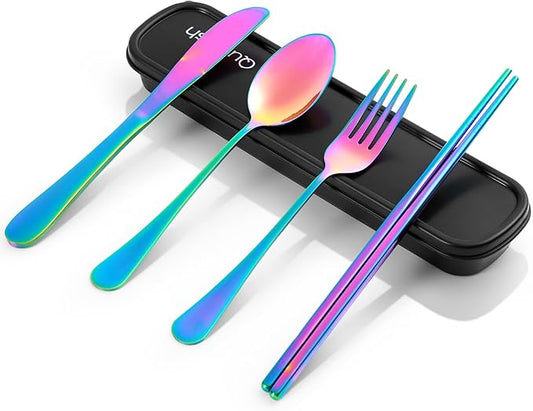 Travel Utensils with Case, Quatish 5 Piece Stainless Steel Silverware Set for Work, Portable Reusable Travel Cutlery Set, Fork and Spoon Set for Picnic, Camping, Gadgets, Lunch Box for Men, Rainbow