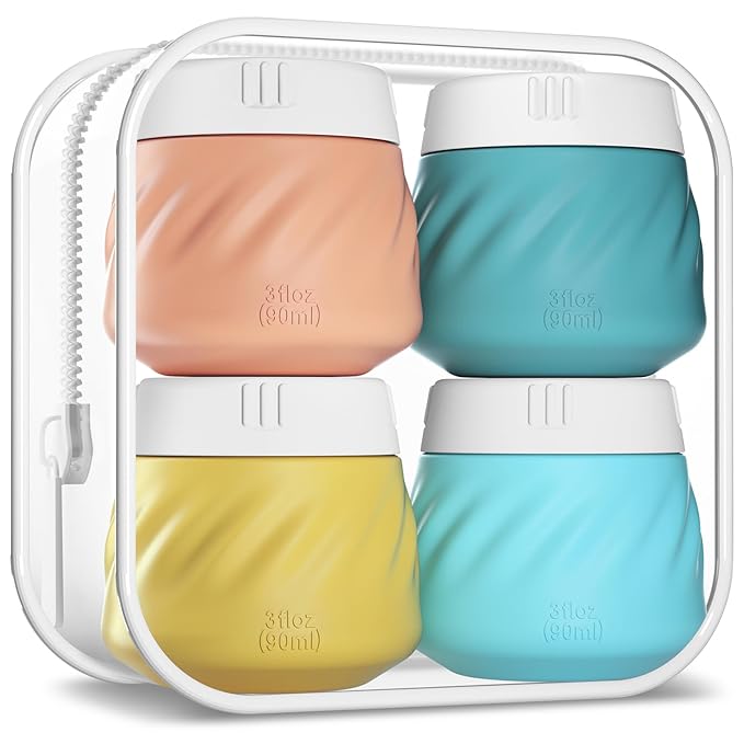 Gemice Silicone Cream Jars, TSA Approved Containers for Toiletries With Toiletry Bag, Wide Mouth Leak-proof Accessories With Lid for Cosmetic Cream (4 Pack)
