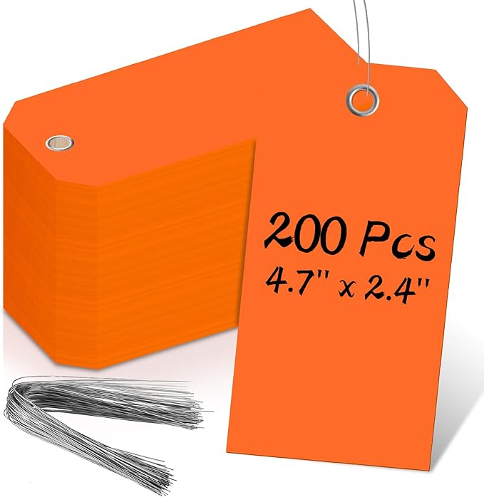 200 PCS 4 3/4" x 2 3/8" Neon Color Shipping Tags with Wire Paper Heavy Duty Hang Tags with Reinforcement Holes Writable Luggage Tag with String Durable Marking Tags (Neon Orange, 4 3/4" x 2 3/8")