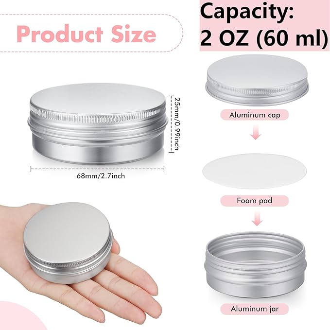 Patelai 64 Pieces Lip Balm Tin Containers Screw Top Round Tin Cans Aluminum Jar with Screw Lid, Empty Bottle Travel Cosmetic Sample Container for DIY(2 oz,Silver)