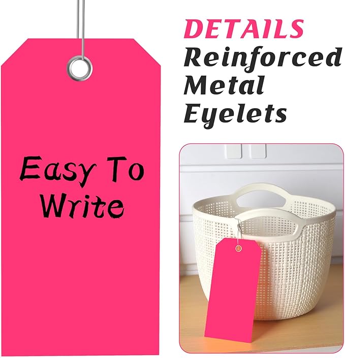 200 PCS 4 3/4" x 2 3/8" Neon Color Shipping Tags with Wire Paper Heavy Duty Hang Tags with Reinforcement Holes Writable Luggage Tag with String Durable Marking Tags (Neon Pink, 4 3/4" x 2 3/8")