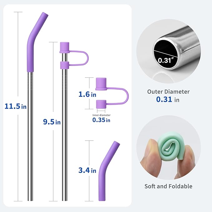 Metal Straws with Silicone Tips for 30 oz Stanley Cup, Reusable Stainless Steel Drinking Straws with Straw Cover for 30 oz Tumbler, 2 Clean Brush