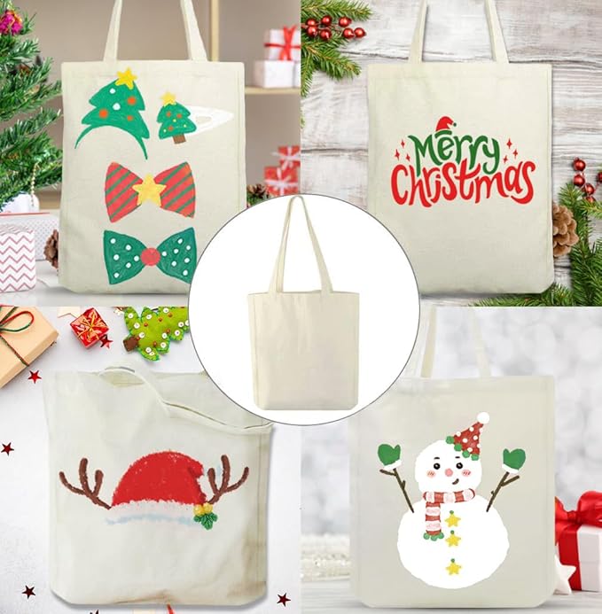 Faylapa 5 Pack Canvas Tote Bags, Heavy Duty Reusable Grocery Shopping Bag 13.6"x 15.3" Blank Cotton Bags for Decorating Christmas Crafts DIY, Painting(Beige)