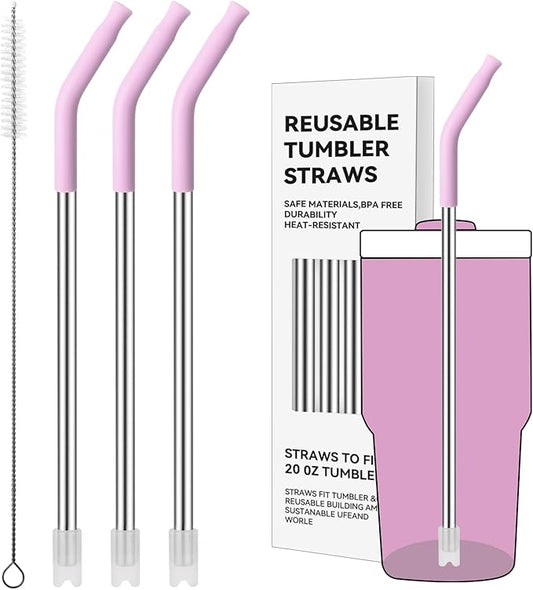 Reusable Metal Straws with Silicone Tip for Stanley 20oz,Stainless Steel Drinking Straws for 20oz Tumbler,3 Straight Tubes & 6 Tips& 1 Cleanr Brush(Lilac)