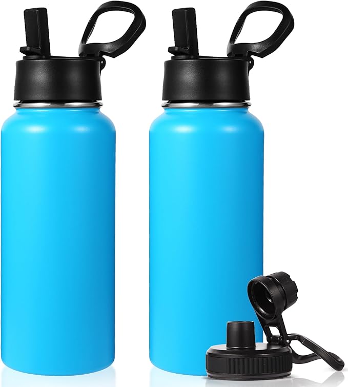 Neihepal 32 oz Insulated Water Bottles with 2 Lids (Straw & Spout Lid), 18/8 Stainless Steel Double Wall Water Bottle for Gym, Travel, Camping, Sports (Blue,2 Pack)