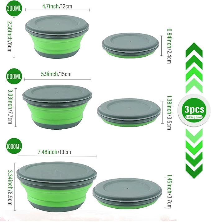 Collapsible Bowl, 3 Pcs Food Grade Silicone Camping Bowl, Expandable Salad Bowl Lunch Box with Lid & Tableware for Travel and Picnic (Green)
