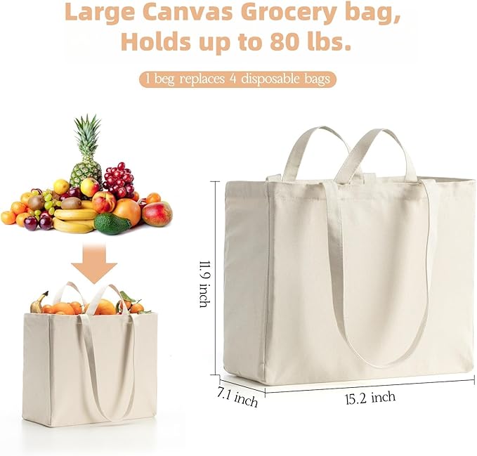 LINICE Canvas Tote Bag Reusable Grocery Bags with Long Shoulder Strap and Short Handle Foldable Heavy Duty Washable (3 Pack)