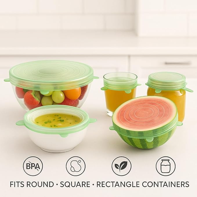 6 Pack Silicone Stretch Lids Reusable | Green Food Grade Bowl Covers for Kitchen | Airtight Seal for Food Storage | BPA Free Eco Friendly Stretchable Lid Set for Containers, Cups, Cans, Fruits