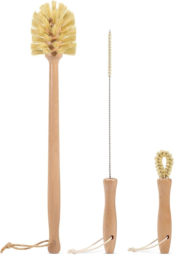 Natural Bottle Brush Set 3-in-1-13.7 Inch Long Handle Wooden Bottle Brush for Cleaning, Water Bottle Cleaner Brush for Cups & Wide Mouth Jars