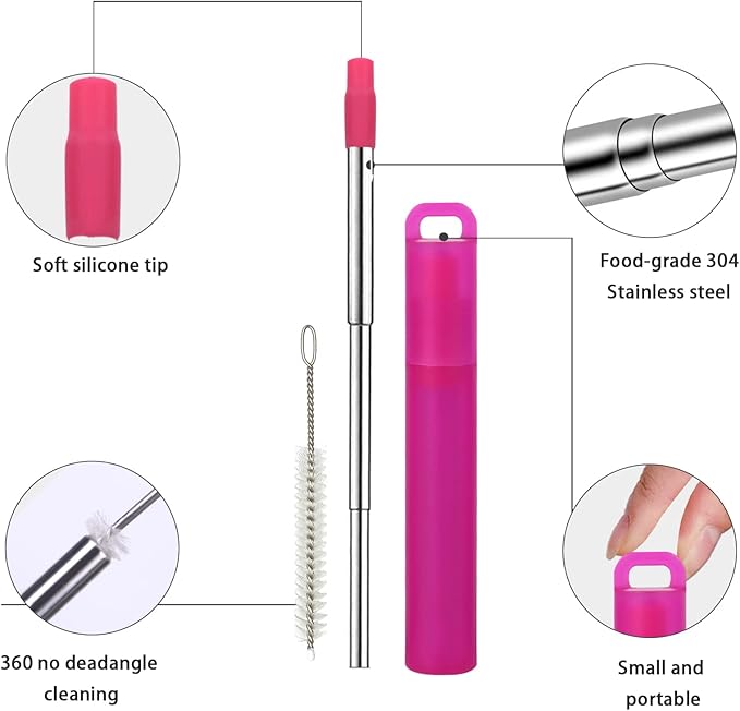 NAIVELY-Reusable Straws 6 Pack Collapsible Portable Stainless Steel Straws with Case,Silicone Tips and Cleaning Brush,Retractable Portable Travel Straw