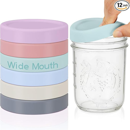 12 Pcs Silicone Wide Mouth Lids Mason Jar Lids Thickened Leak Proof Lid for 86 mm All Wide Mouth Mason Jars, Reusable Large Canning Jar Caps(Morandi)