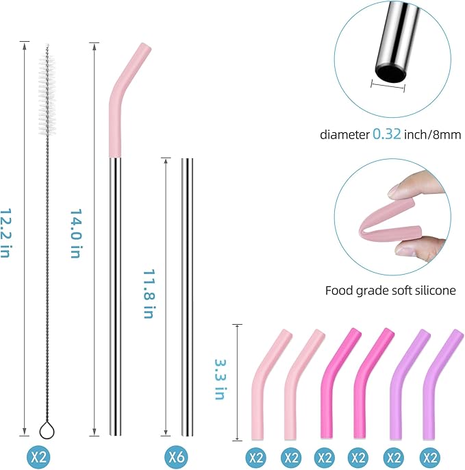 40 oz Stainless Metal Straws for 40 oz Stanley Tumbler, 6Pcs Reusable Straight Long Steel Straws with 12 Silicone Tips and 2 Straw Cleaning Brushes(3Color2, 40oz)
