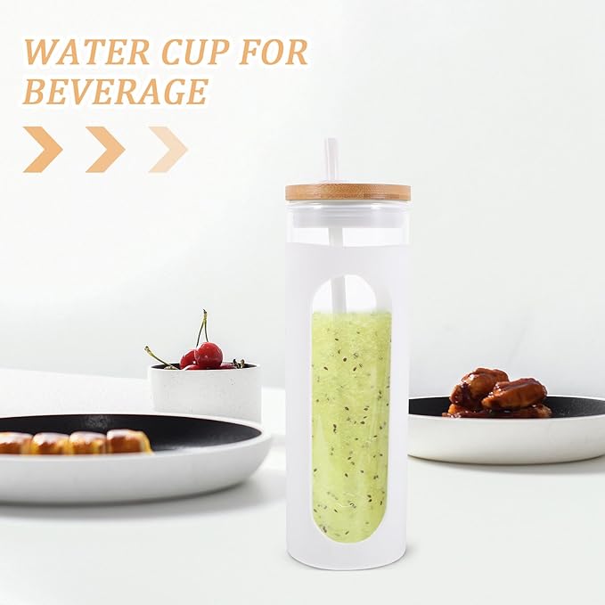 FUOYLOO Reusable Glass Drinking Cup with Lid and Straw, Silicone Sleeve Cold Brew Coffee Tumbler, White 16Oz Beverage Water Bottle for Juice and Beer