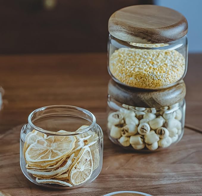 QUUPY 300ML/10OZ Glass Storage Jar with Airtight Wooden Lid Kitchen Pantry Food Storage Container for Coffee Sugar Spices