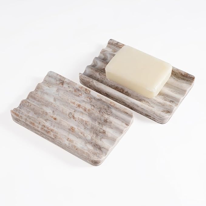 2 Pcs Soap Dish for Bathroom, Marble Bar Soap Holder for Kitchen Countertop, Soap Tray with Wavy Design, Soap Saver for Bath Tub, Sponges, Italian Natural Stone(Palissandro Classico)
