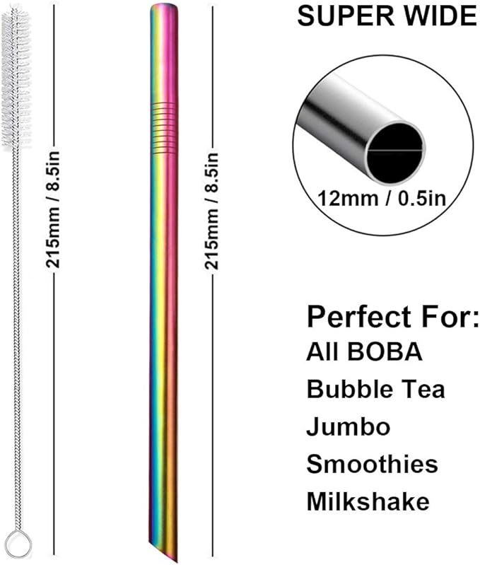 Reusable Boba Smoothie Straw Rainbow Metal Straws Wide Thick Fat Angled Tip Sharp End Straw for Milkshake Jumbo Bubble Tea Straws With Carry Case Bag Silicone Tips Brush 12mm 0.5in 4 Pack