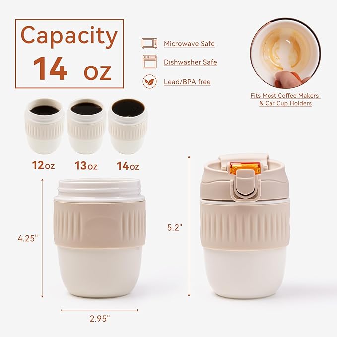 14oz Ceramic To Go Coffee Mug with Threaded Leakproof Lid & Silicone Sleeve - BPA-Free, Microwave Safe - Perfect for Car Cup Holders, Office & Gifts for Coffee Lovers (Sand Beige)
