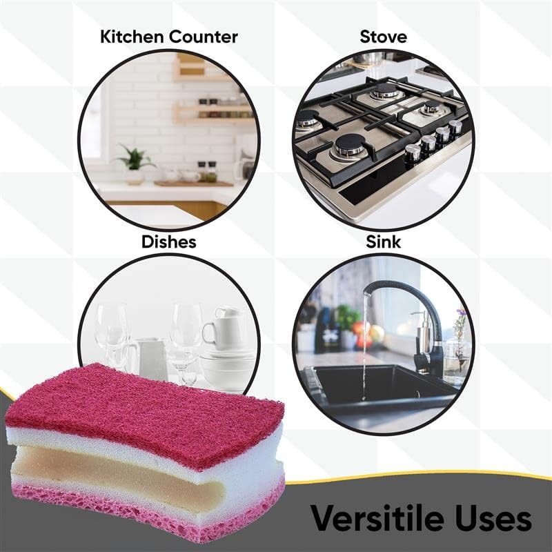 Non-Scratch Scrub Sponge with A Comfortable Grip, Heavy Duty Duel Sided Kitchen Scrubber Sponge Cellulose Scrub Sponge, Scratch Free, with Scouring Pad Set, 1 Sponge,Red/Pink - Image 4