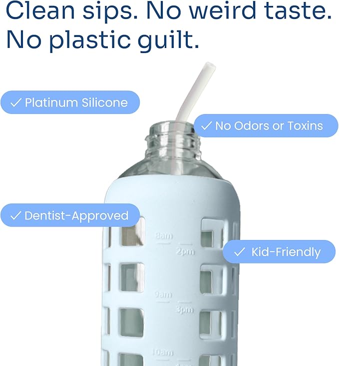 purifyou 14in Platinum Silicone Straws, Extra Long & Slender for Stanley Cups, Tumblers & More, Soft Reusable Straws with Breathable Transport Case, Cleaning Brush, Convenient, Durable (Set of 4)