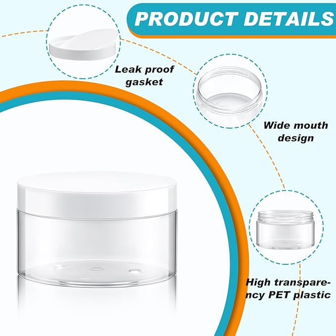 Dandat 24 Pcs 8 oz Plastic Jar Container with Lid and Label Refillable Empty Round Clear with White PET Cosmetic Sample Containers for Lotion, Cream, Ointments, Body Butter, Makeup, Travel Storage