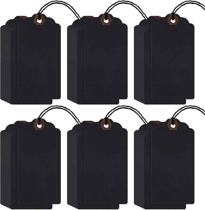 Outus 60 Pcs 4 3/4-in x 2 3/8-in Blank Large Paper Gift Tags with String and Reinforced Eyelet Wire Writable Price Tags Shipping Labels Inventory Labels(Black)