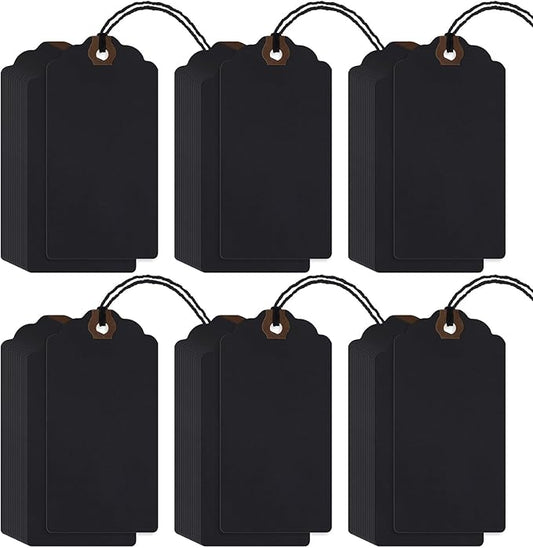 Outus 60 Pcs 4 3/4-in x 2 3/8-in Blank Large Paper Gift Tags with String and Reinforced Eyelet Wire Writable Price Tags Shipping Labels Inventory Labels(Black)