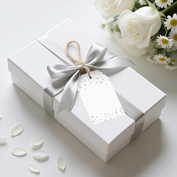 Anwyll Gift Tags with String - 100Pcs Silver Foil Confetti Polka Dot Gift Bag Tags Personalized White Blank Hanging Paper Label Tag for Birthday Party Bridal Shower Wedding Christmas Favors Present