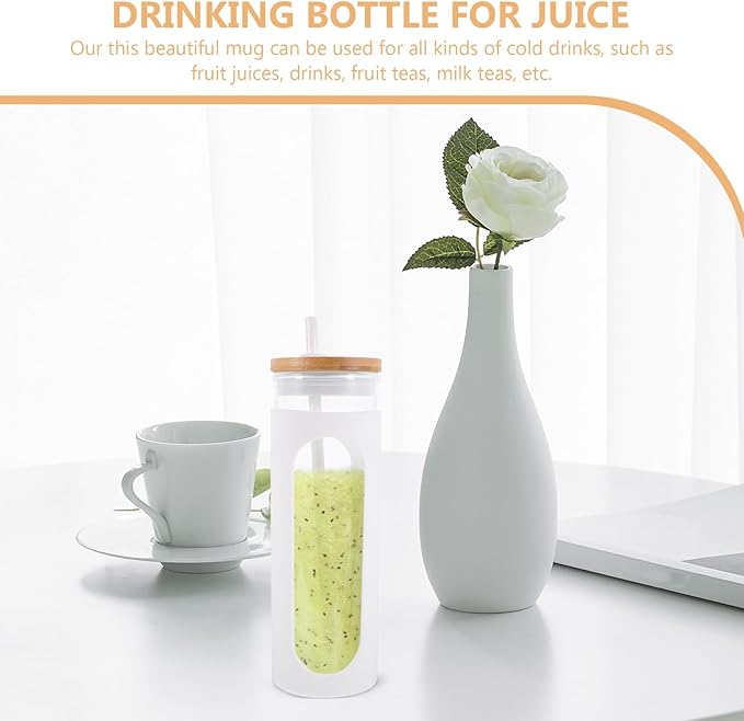 Glass Drinking Cup with Straw and Lid, 16Oz Reusable Glass Tumbler with Silicone Sleeve, Cold Brew Water Bottle for Coffee, Juice, and Beverage, White Cover for Home and Travel Use