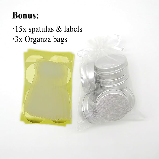 15 Pack 15g Travel Size Metal Round Tins, 15ml Silver Aluminum Tin Cans Containers with Screw Lid for Makeup Samples, Nails, Lip Gloss Balm, Salve, Spices, Candy, Candle, Tea, FREE Spatulas